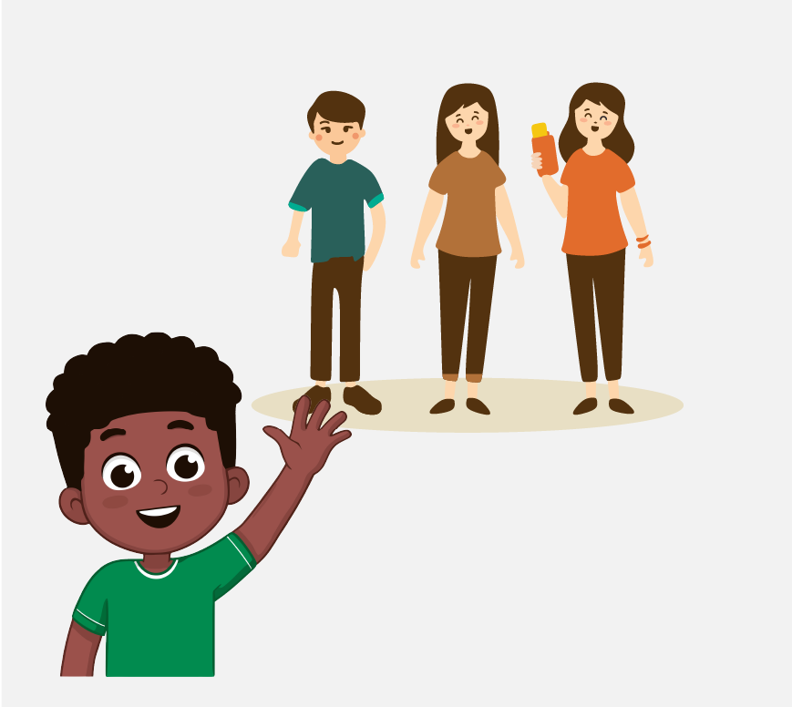 Un niño pequeño saludando a tres personas.