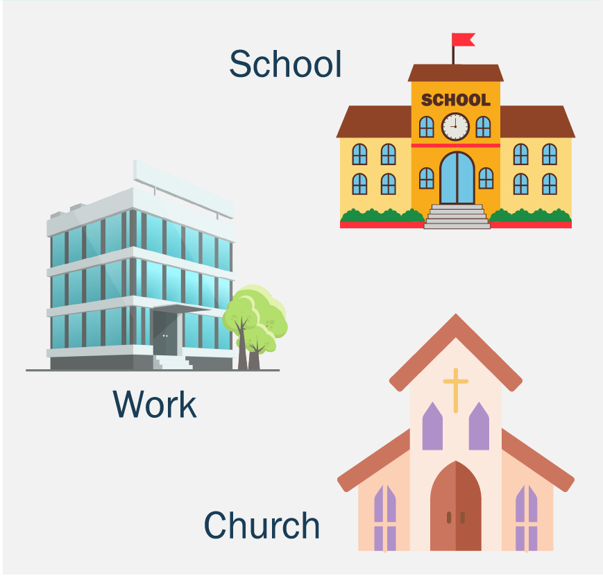 A blue work building, a yellow school, and a tan and purple church.