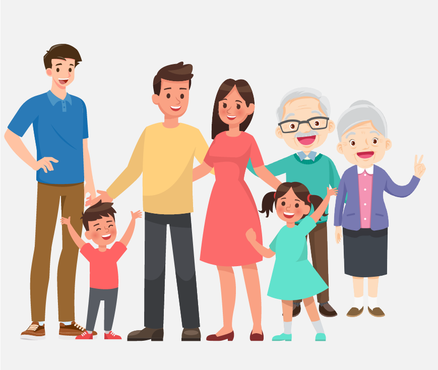 A mom, dad, their two children, two grandparents, and an uncle.