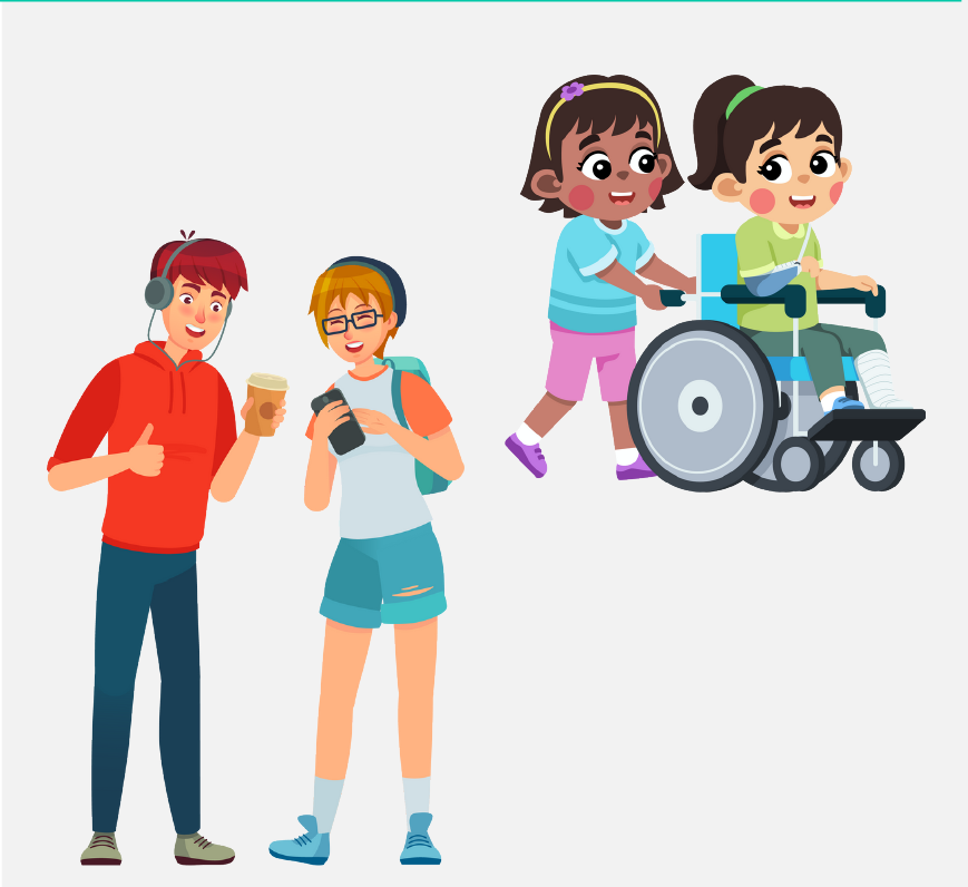 Two groups of friends. One group is standing and laughing with each other; the other is pushing someone in a wheelchair.