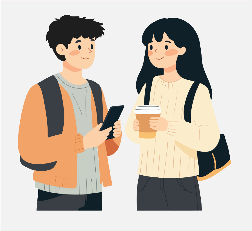 Two people facing each other. One is holding a coffee; the other is holding a phone.