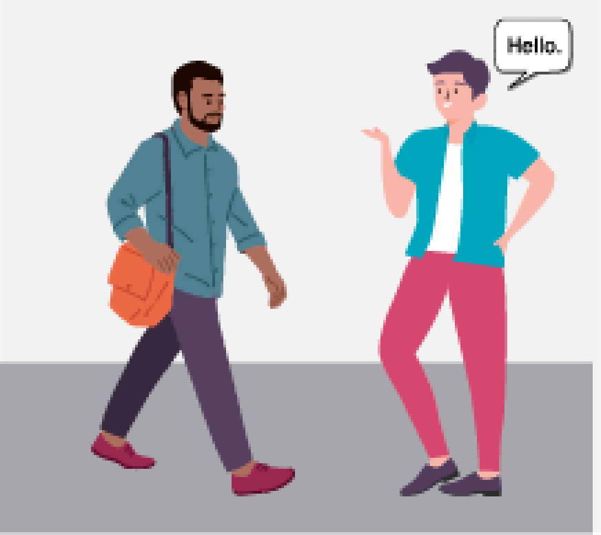 Two people facing each other; one of them is saying hello.