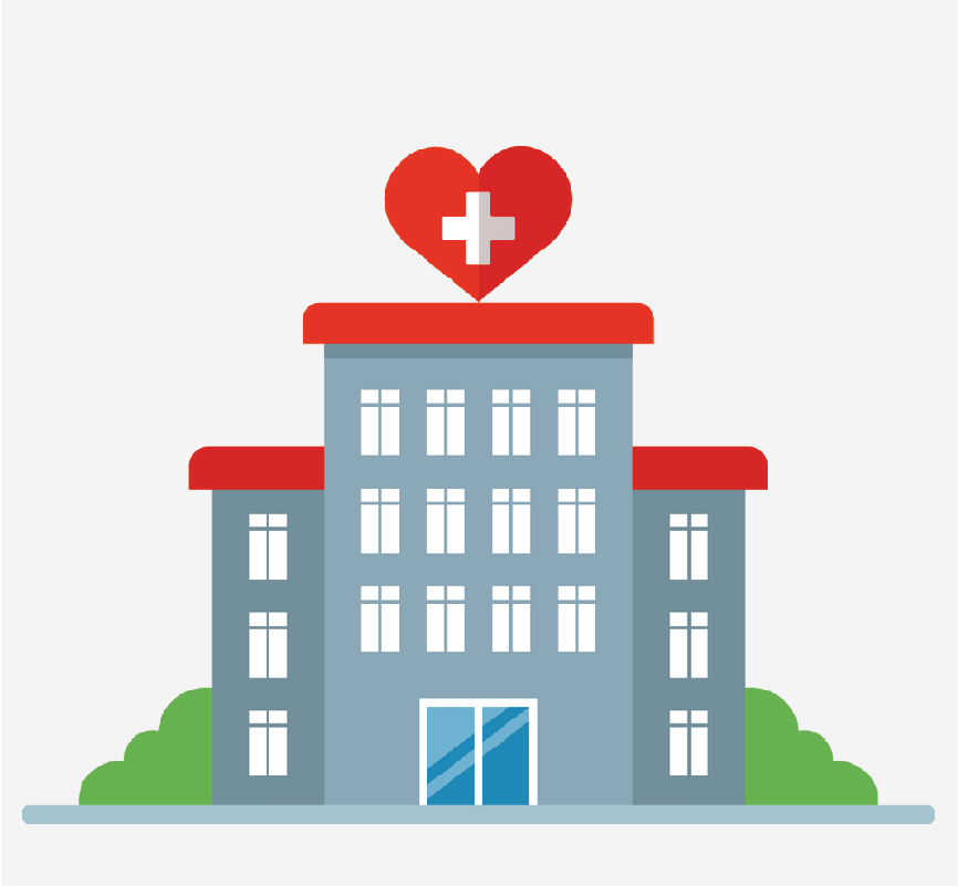 A building with a medical cross symbol inside a heart on top of the building.