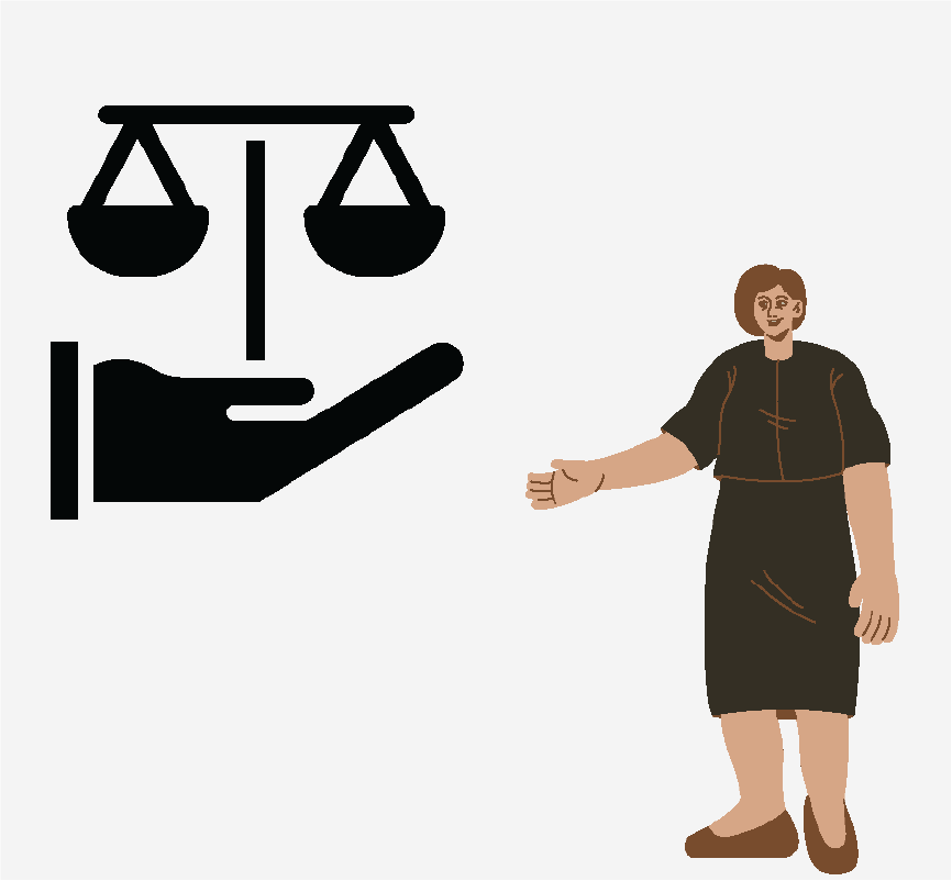 An icon of a hand holding a scale of justice and an attorney with her hand out.