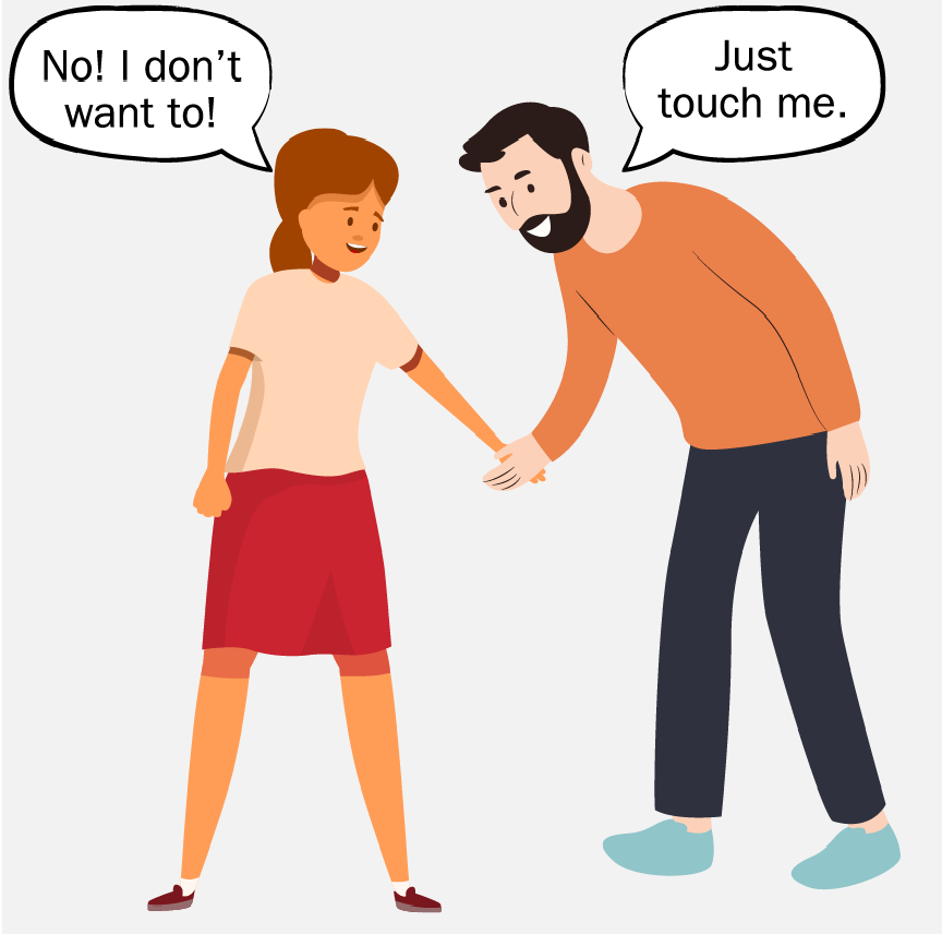 A man grabbing a girl's hand saying, 