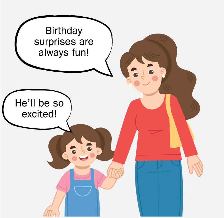 A mom and daughter holding hands. The mom is saying, 