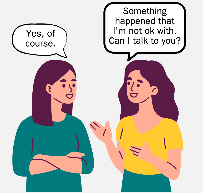 Two women talking. One of them is saying, 