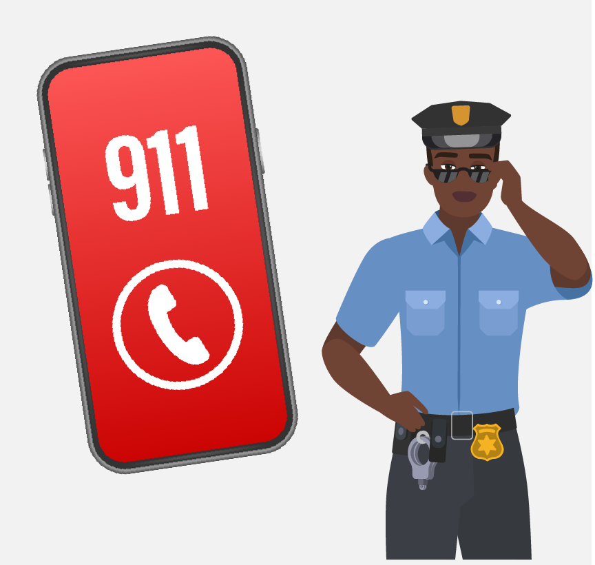 A phone with 911 on the screen and a police officer.