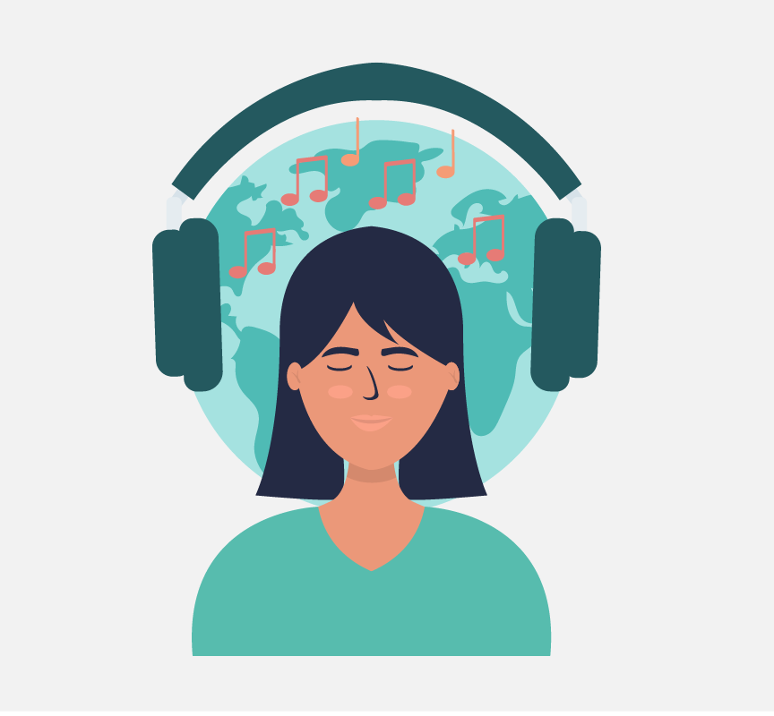 A woman wearing headphones. There are music notes above her and an image of earth behind her.