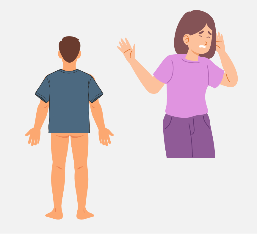 A man without pants or underwear is standing to the left, and woman covering her eyes is standing to the right.