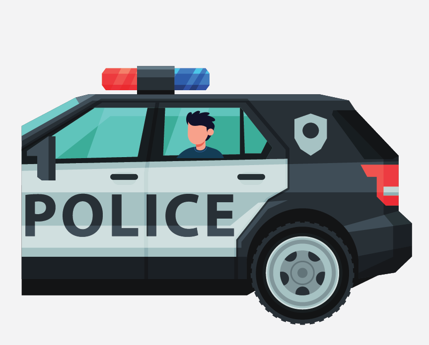 A boy is shown sitting in the back seat of a police car.