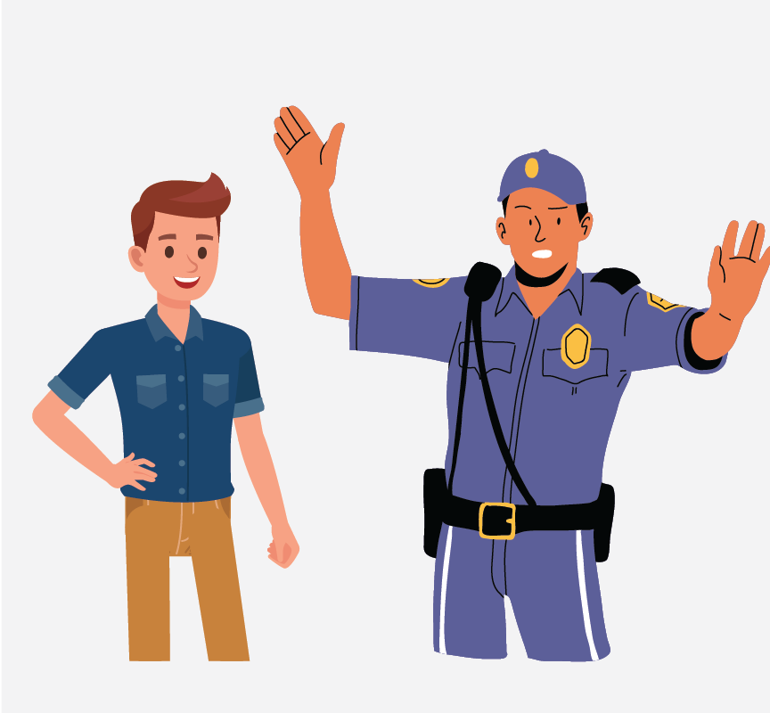 A boy standing next to a police officer.
