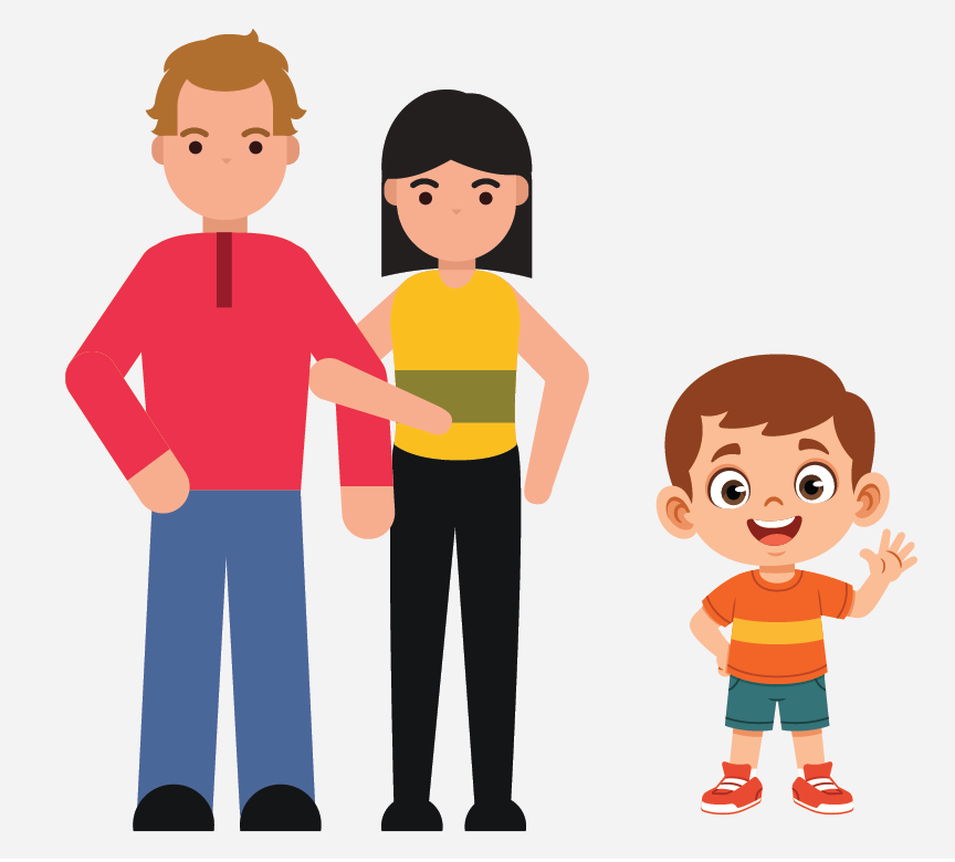 Image of a man and woman with their arms linked. There's a little boy waving.
