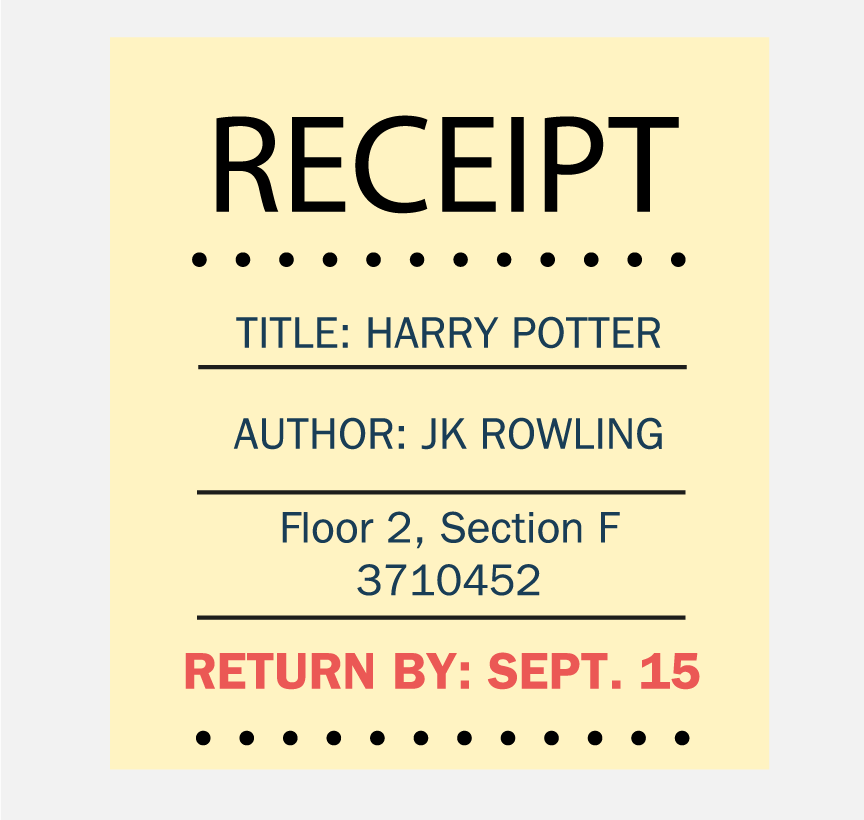 A receipt for the book Harry Potter by JK Rowling to return by September 15.