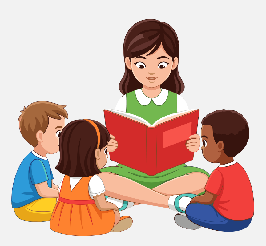 A librarian reading a book to three children sitting in a circle.