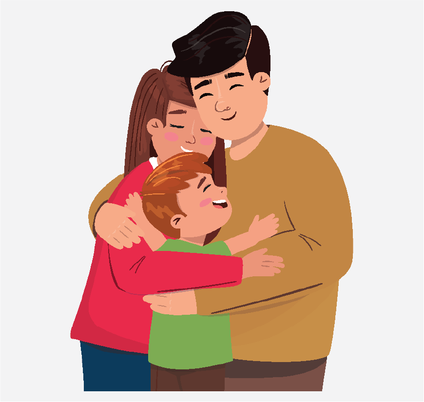 आमा, बुबा र सानो छोरा एक–अर्कालाई अँगालो मारिरहेको।