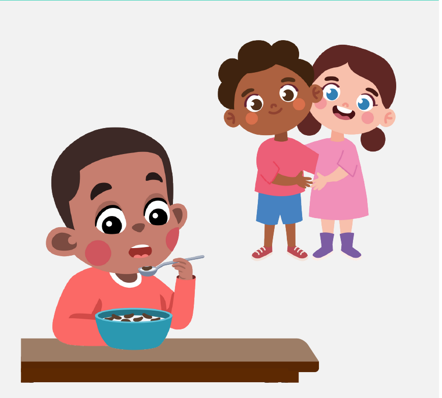 Un niño pequeño comiendo cereal. Dos niñas pequeñas abrazándose.