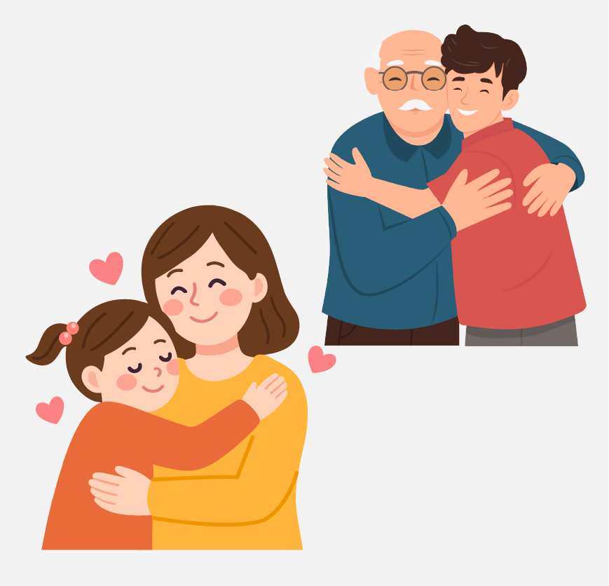 A mom hugging her young daughter with red hearts around them. A grandpa hugging his grandson.