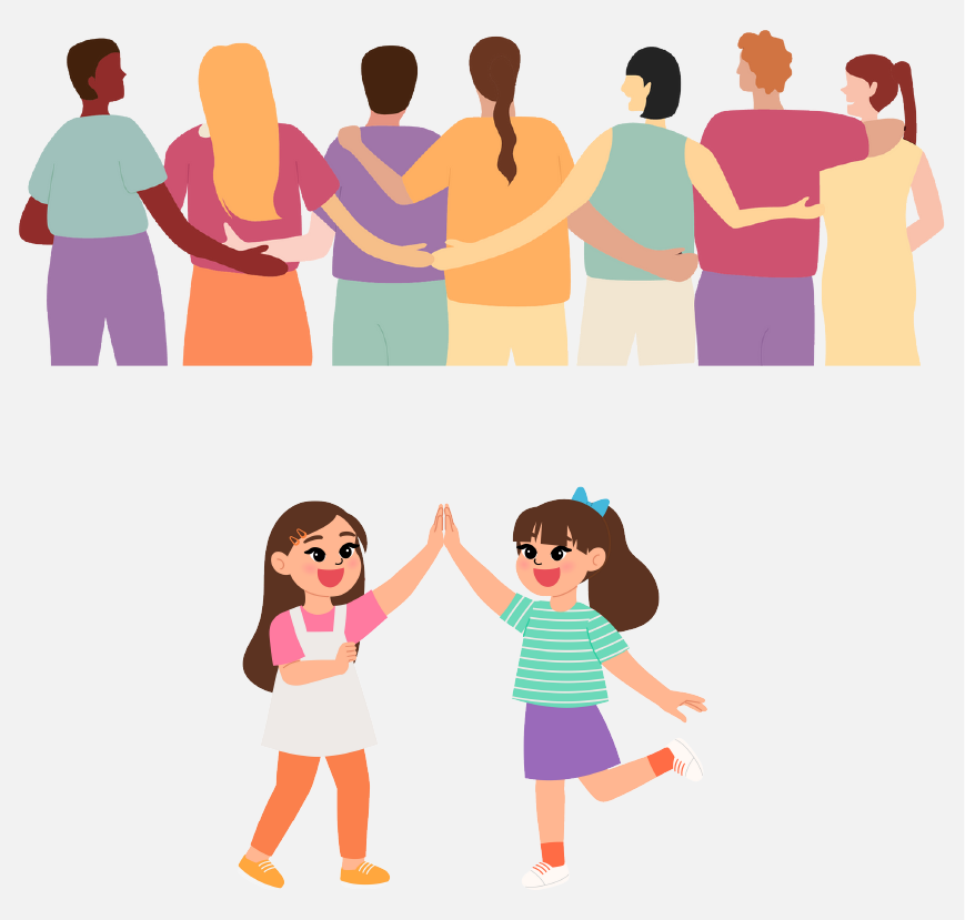 A group of friends with their hands around each other. A pair of friends high fiving.