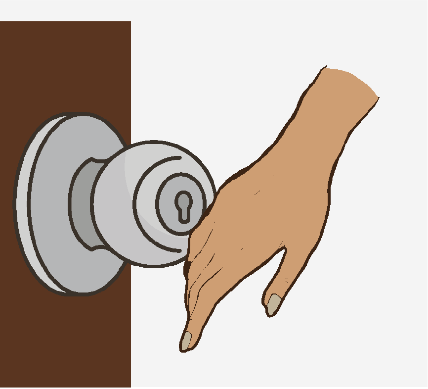 The back of a hand touching a doorknob.