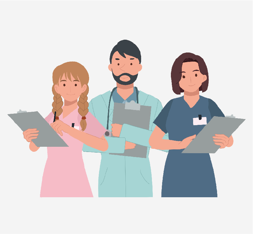 A doctor and two nurses, each holding a clipboard.
