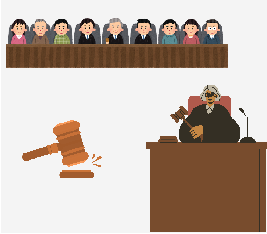 A row of jurors sitting in the stands, a gavel, and a judge sitting at their bench and holding a gavel.