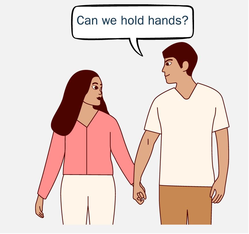 A couple holding hands and the man asking, 
