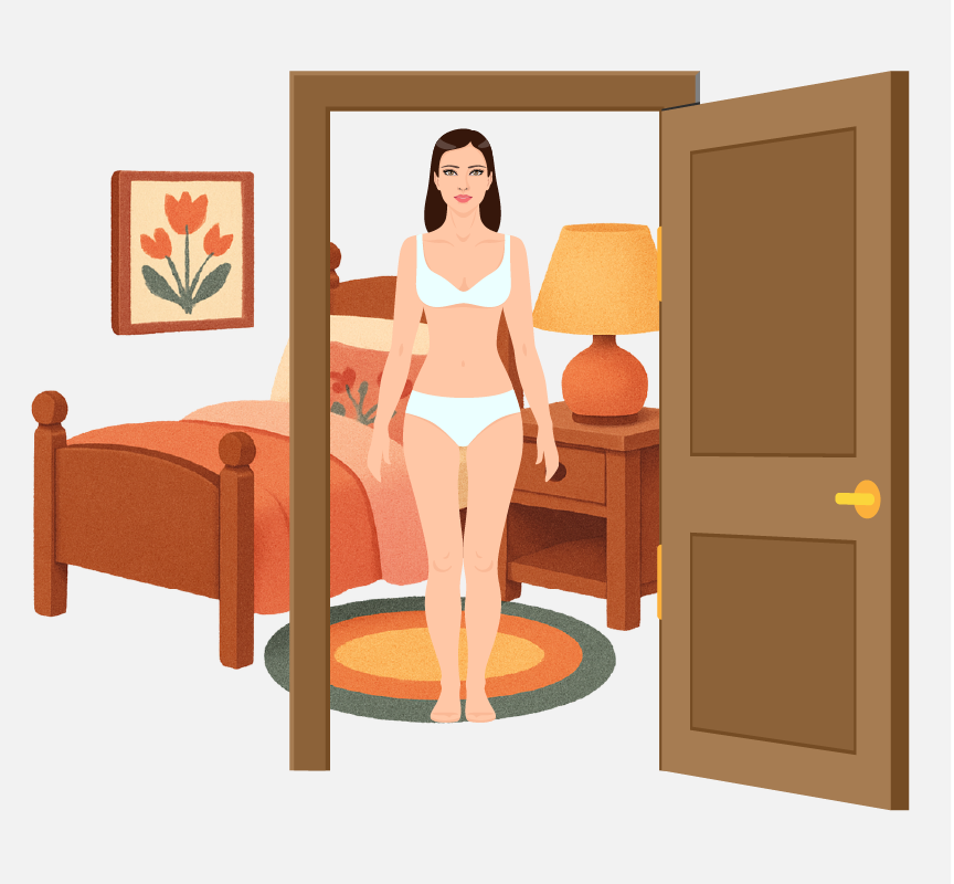 A woman standing in her bra and underwear in her bedroom with the door open.
