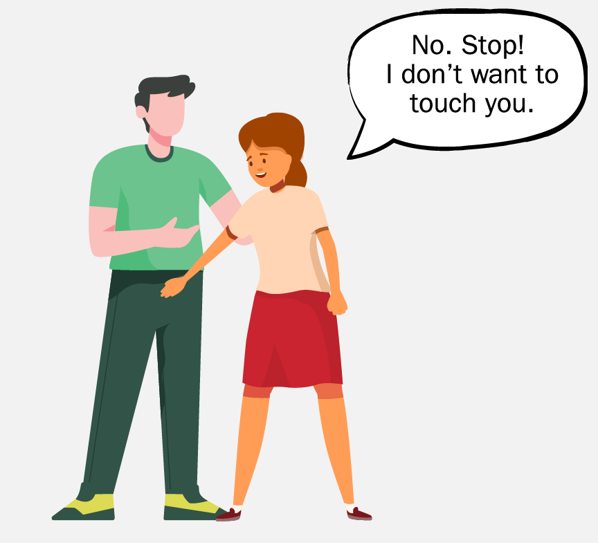 A man pulling a woman's arm to his private area. She is saying 