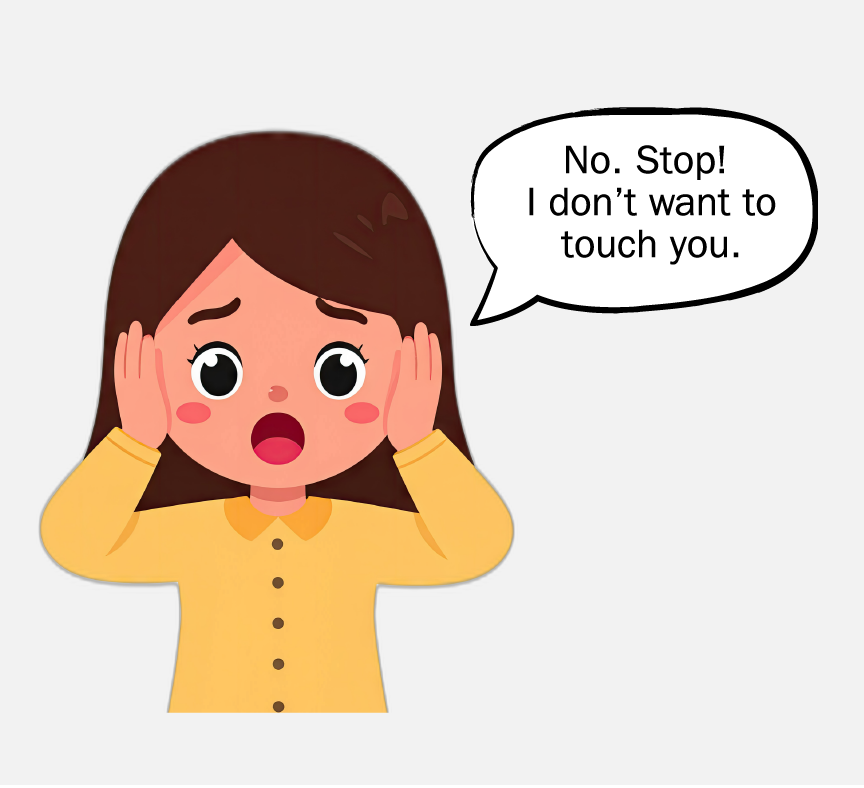 A scared girl holding her face and saying, 