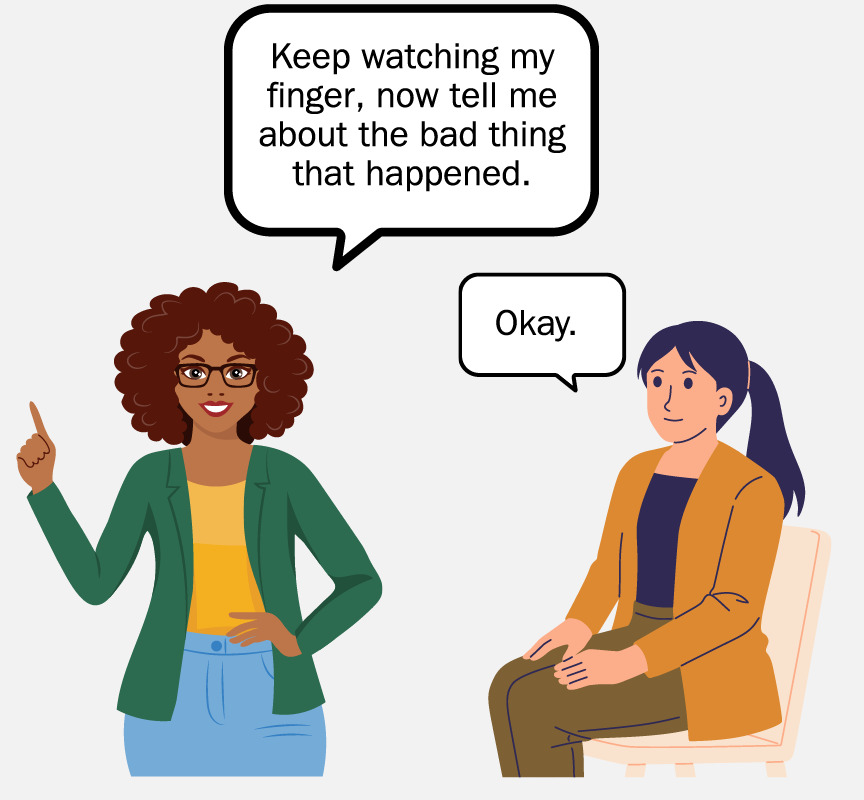 A therapist pointing her finger and saying, 