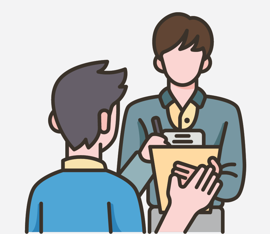 A man asking a boy questions from a clipboard.