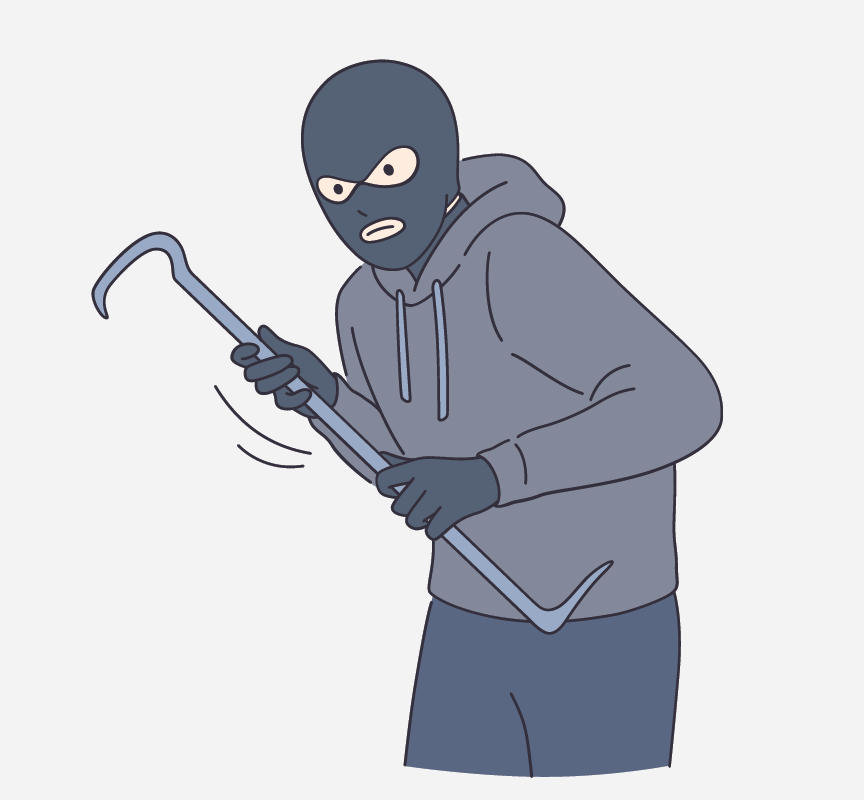 A masked person, dressed in black, with a crowbar