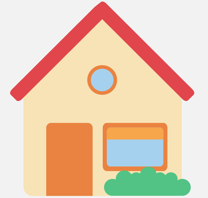 A yellow house with a red roof.