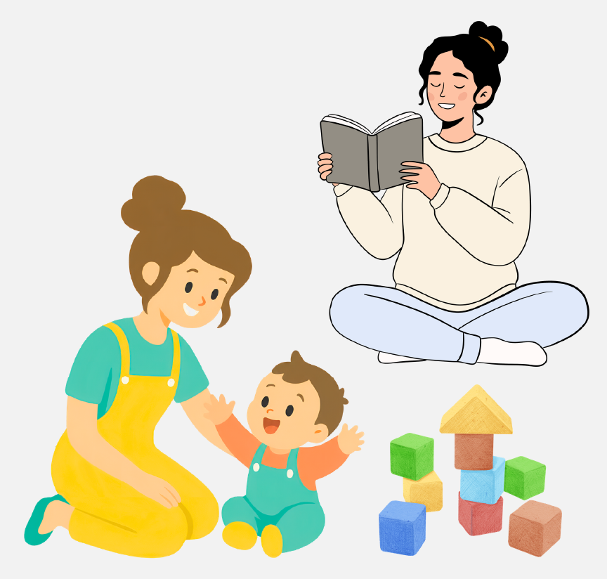 A woman reading a book while another woman plays with a baby and blocks.