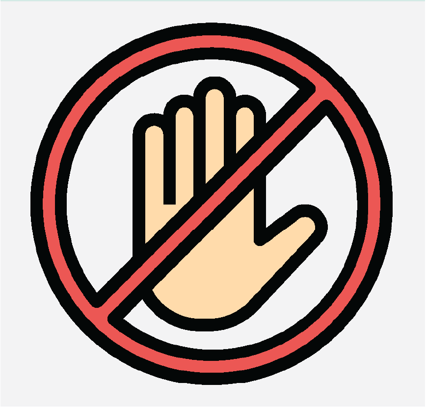 A hand raised in a red circle with a line through it to indicate stop or no.