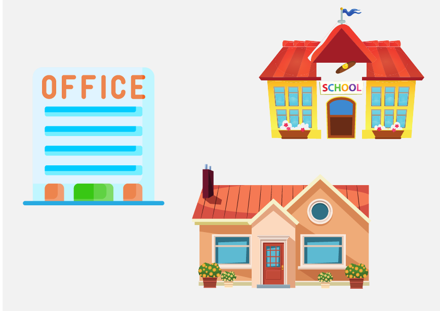 A blue office building, a yellow school, and a brown house.