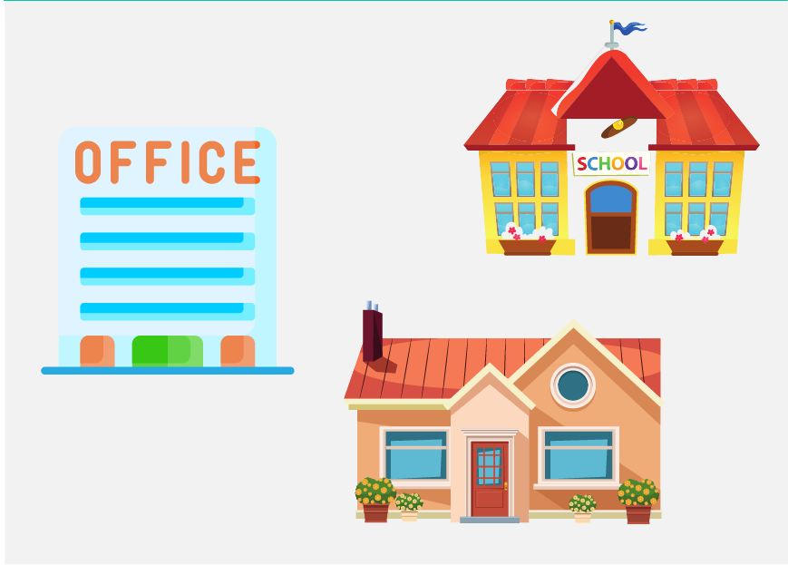 A blue office building, a yellow school, and a brown house.