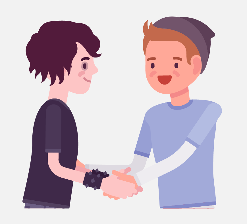 Two teenage boys shaking hands.