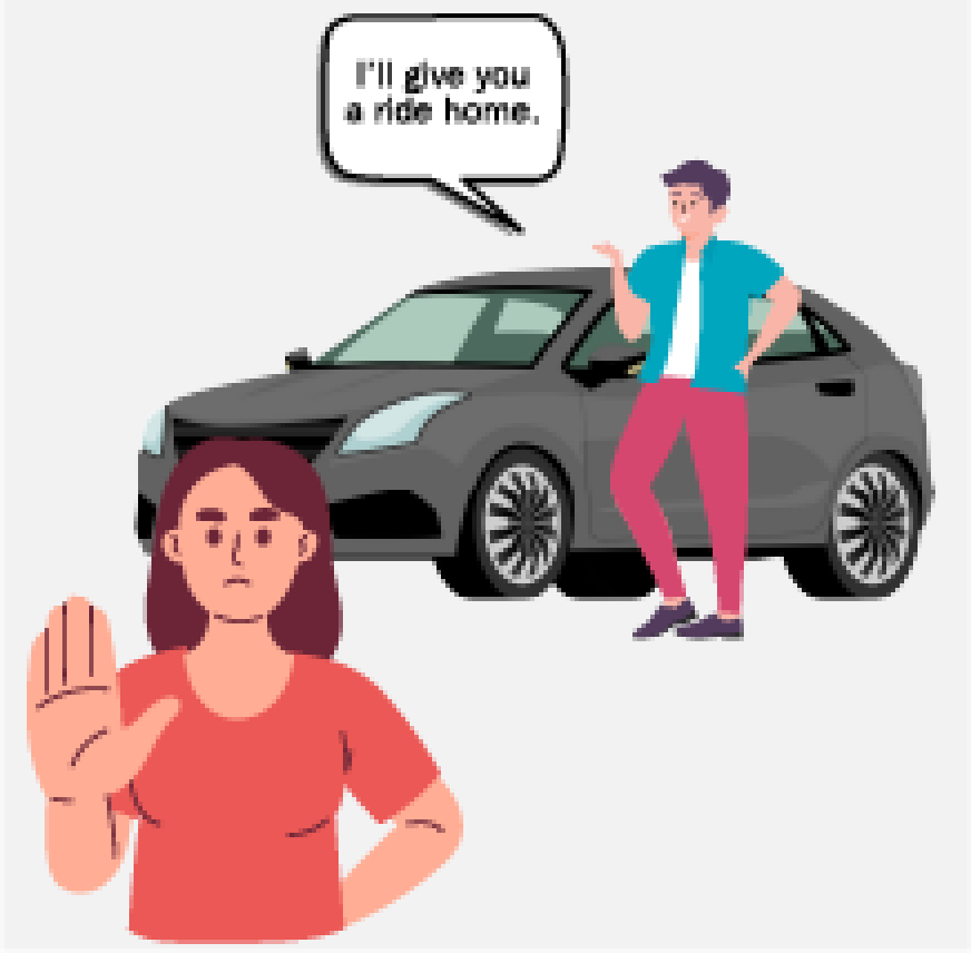 A person is standing next to a car saying, “I’ll give you a ride home.” The other person has their hand up to indicate no or stop.