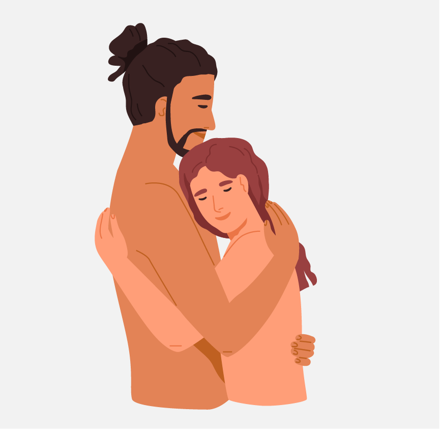 Graphic of a naked man and a naked woman holding each other, they look happy.