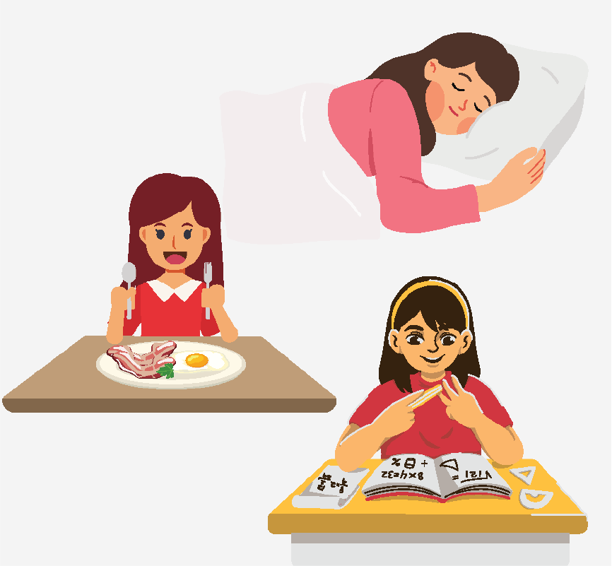 A girl sleeping, a girl eating, and another girl doing schoolwork at a desk.
