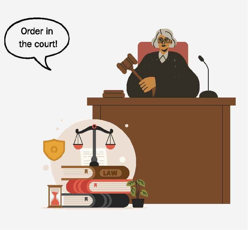 A judge sitting at their bench holding a gavel and saying, 