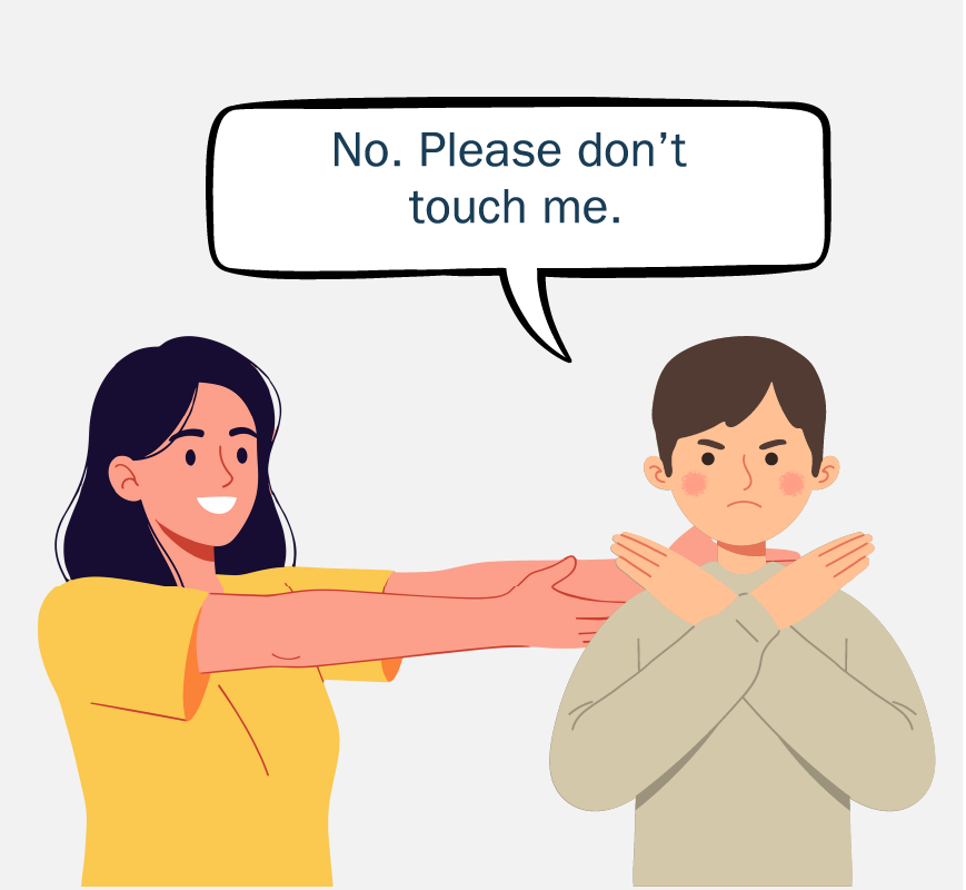A woman with her arms out towards a boy and the boy saying, 