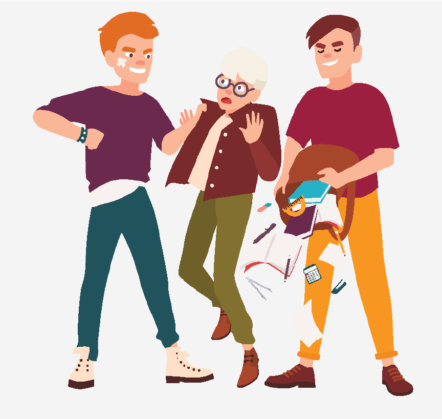 Two bullies lifting up a person by their shirt and dumping their backpack on the ground.