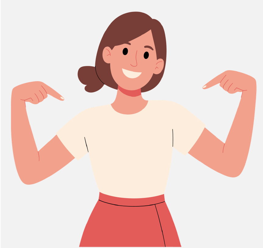 A woman smiling and pointing to herself with both hands.