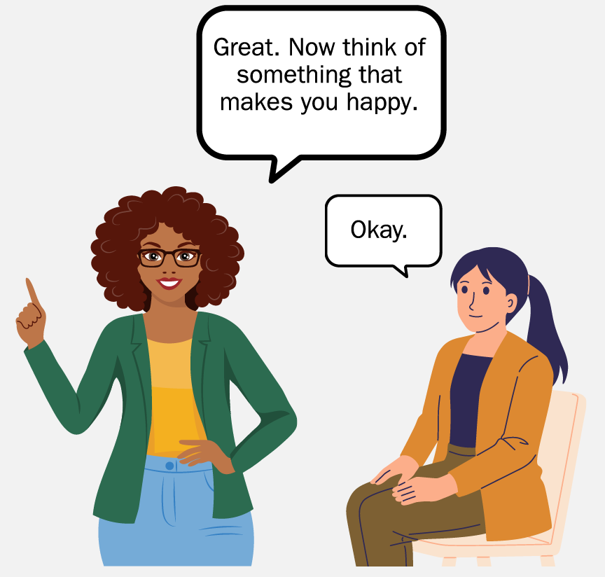 A Therapist pointing her finger and saying, 