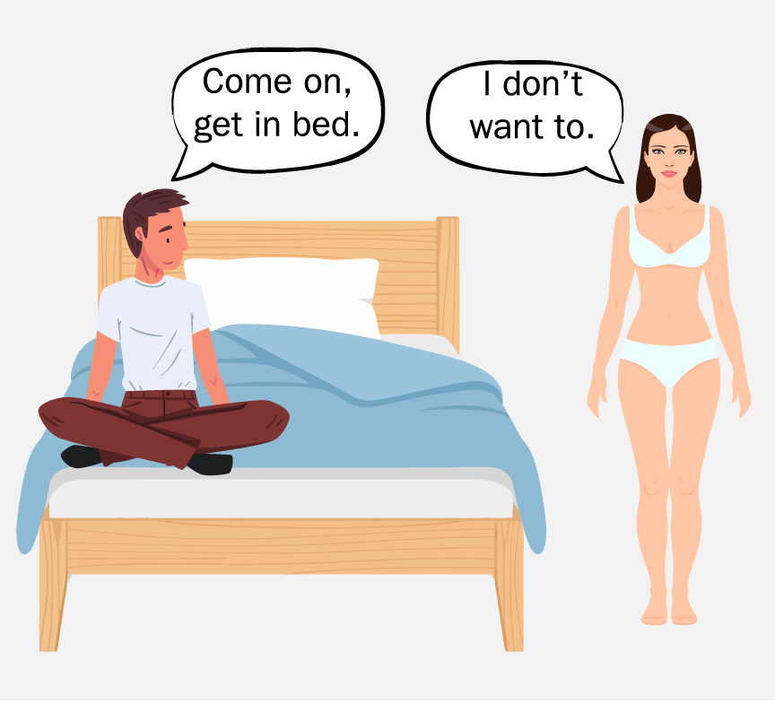 A man sitting on a bed says to a woman standing to the right of the bed, 