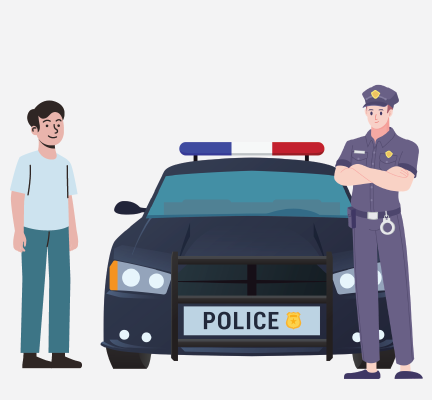A man and a police officer standing outside of a police car.