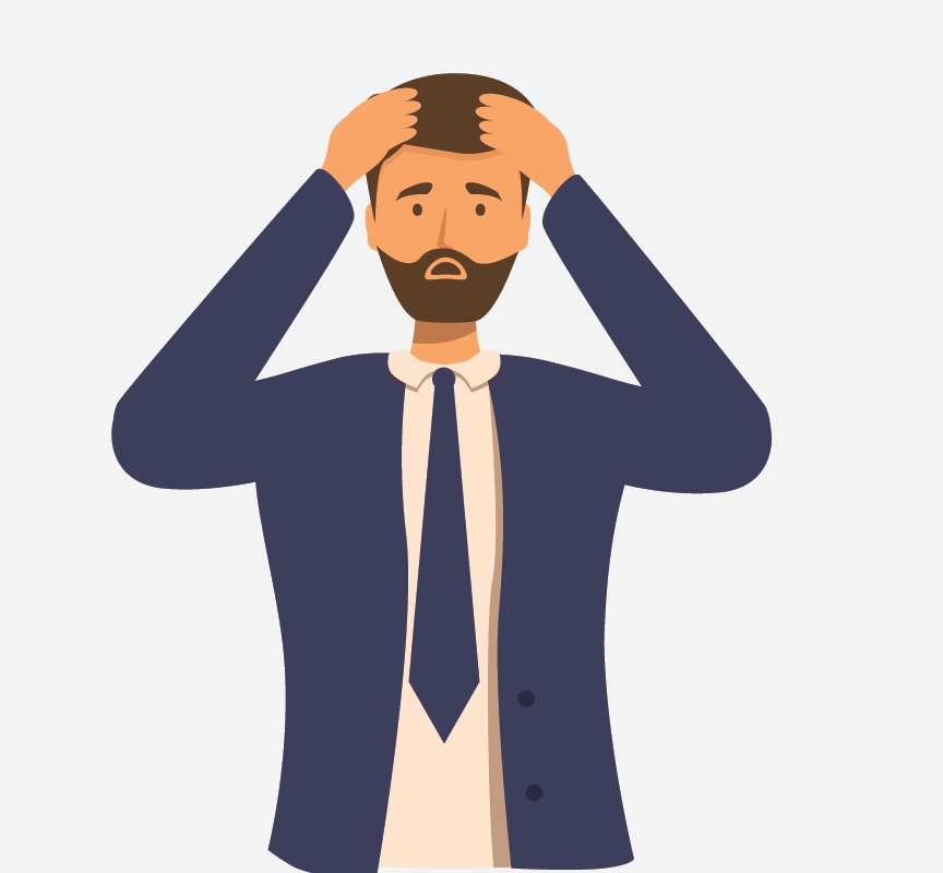 A worried-looking man with his hands on his head.